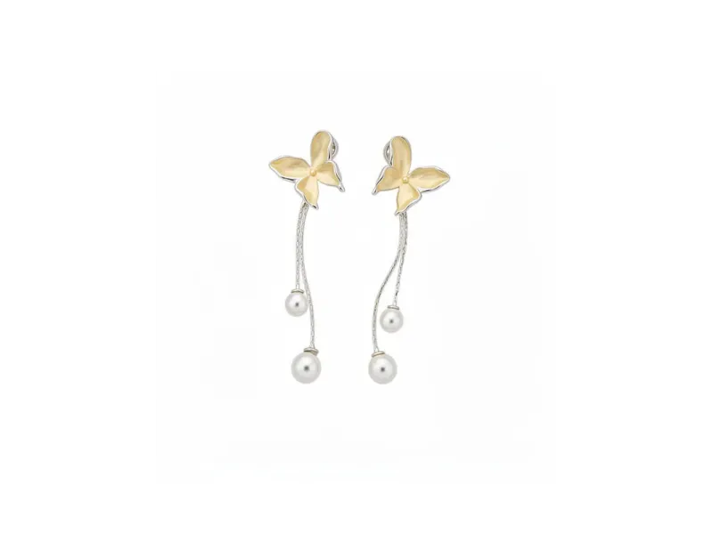 Silver Needle Drop Oil Butterfly Tassel Pearl Earrings