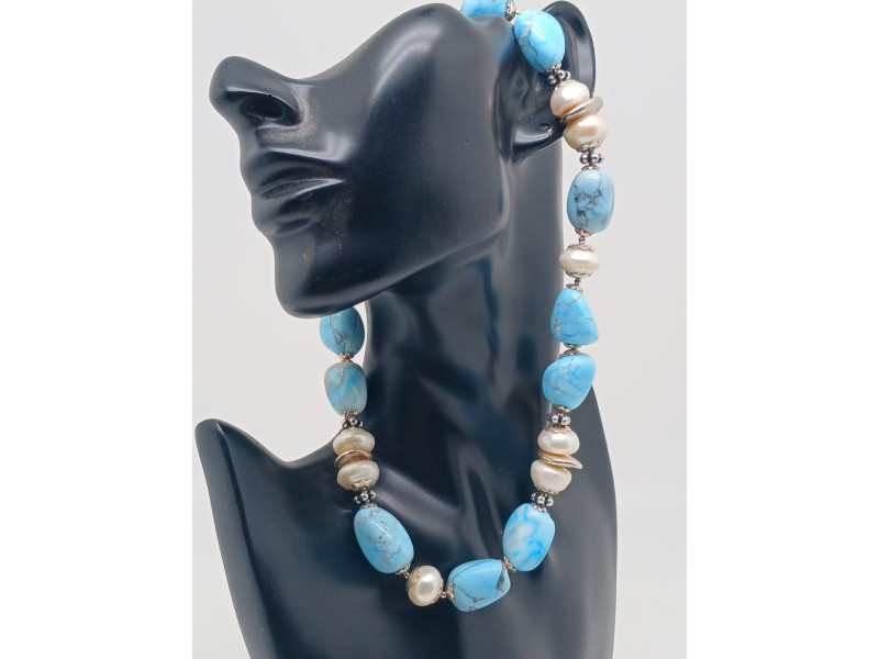Natural Larimar & Pearl Silver Necklace - Elegant & Unique