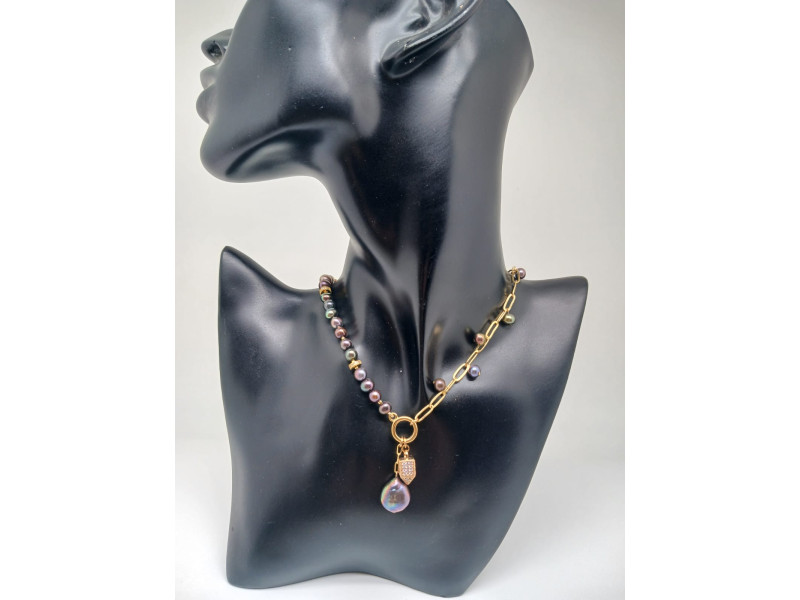 Natural Black Pearl Necklace with Gold Filled Details