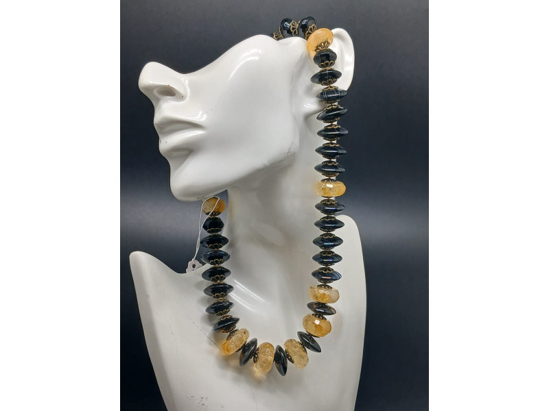 Black Onyx & Citrine Necklace with Bronze Accents