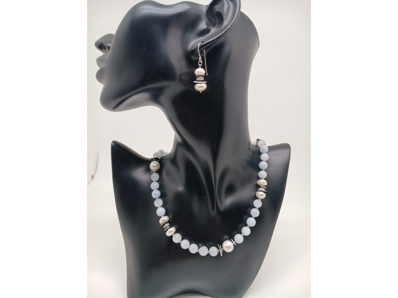 Aquamarine, Natural Pearl & Hematite Necklace and Earrings Set in Silver Finish