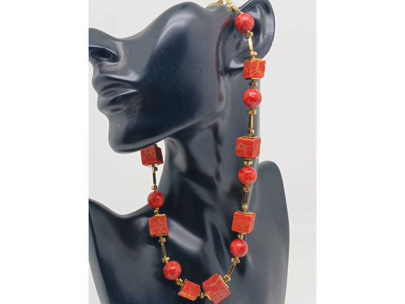 Natural Coral and Gold Hematite Necklace
