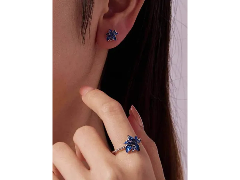 Original Sterling Silver Blue Lotus Design Earrings Ring Set