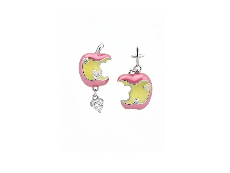 Silver Pin Post Oil Drip Zirconia Apple Asymmetrical Earrings