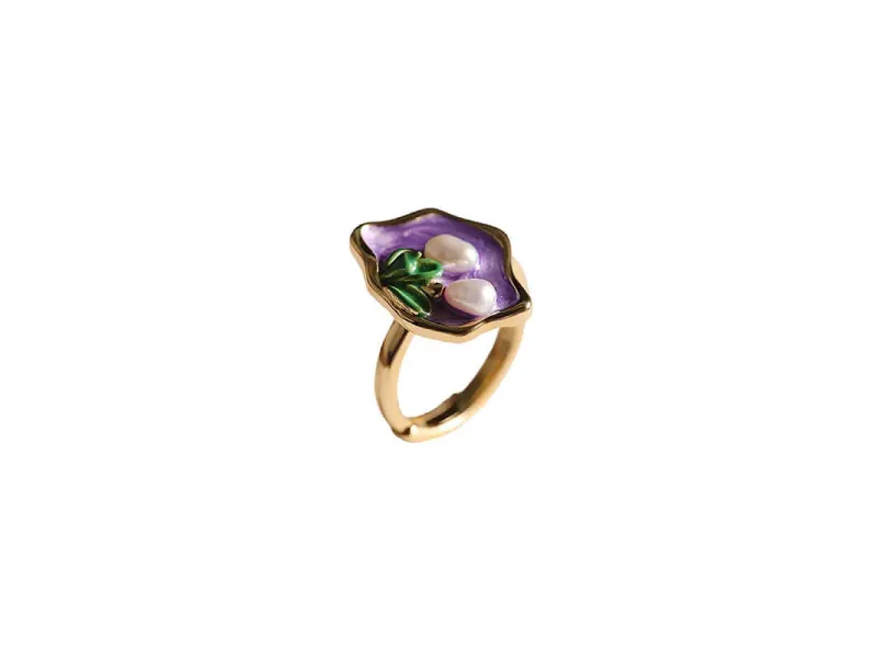 S925 Gold-Plated Enamel Monet’s Garden Pearl Ring - Add to Cart Now!