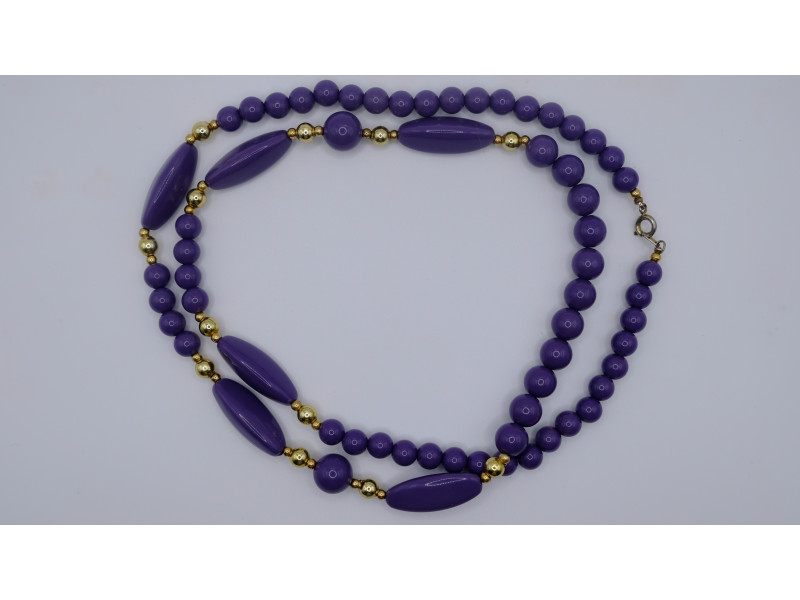 Vintage 1950s Beads, Purple Plastic with Gold Beads